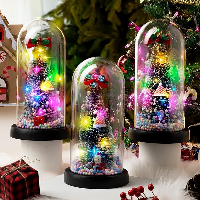 3 Pcs Mini Christmas Trees in Dome Snow Flocked Tabletop Christmas Tree with 20 LED Lights Battery Powered