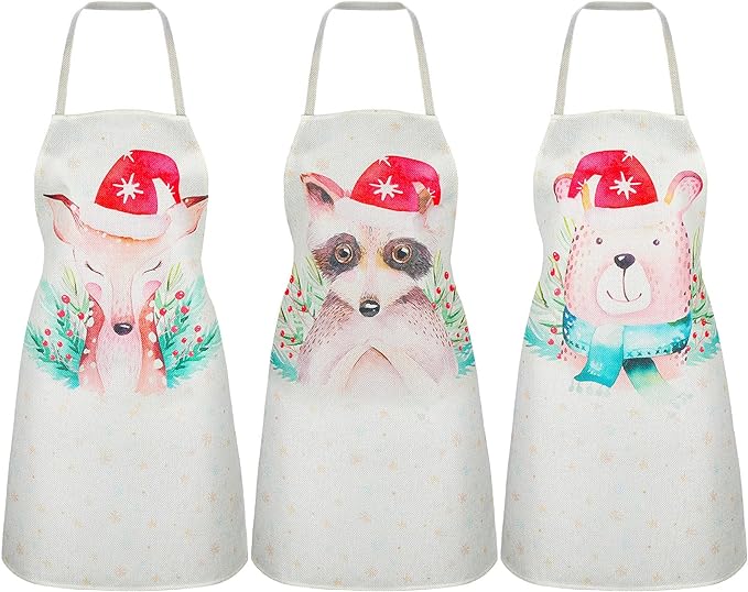 3 Pieces Christmas Chef Apron Bear Kitchen Apron Cute Raccoon Cooking Apron Linen