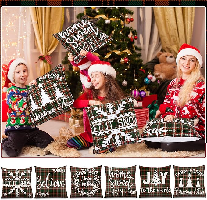 6 Pcs Christmas Pillow Case Christmas Pillow Cover Holiday Decor 18 x 18 inch Throw Pillow Case