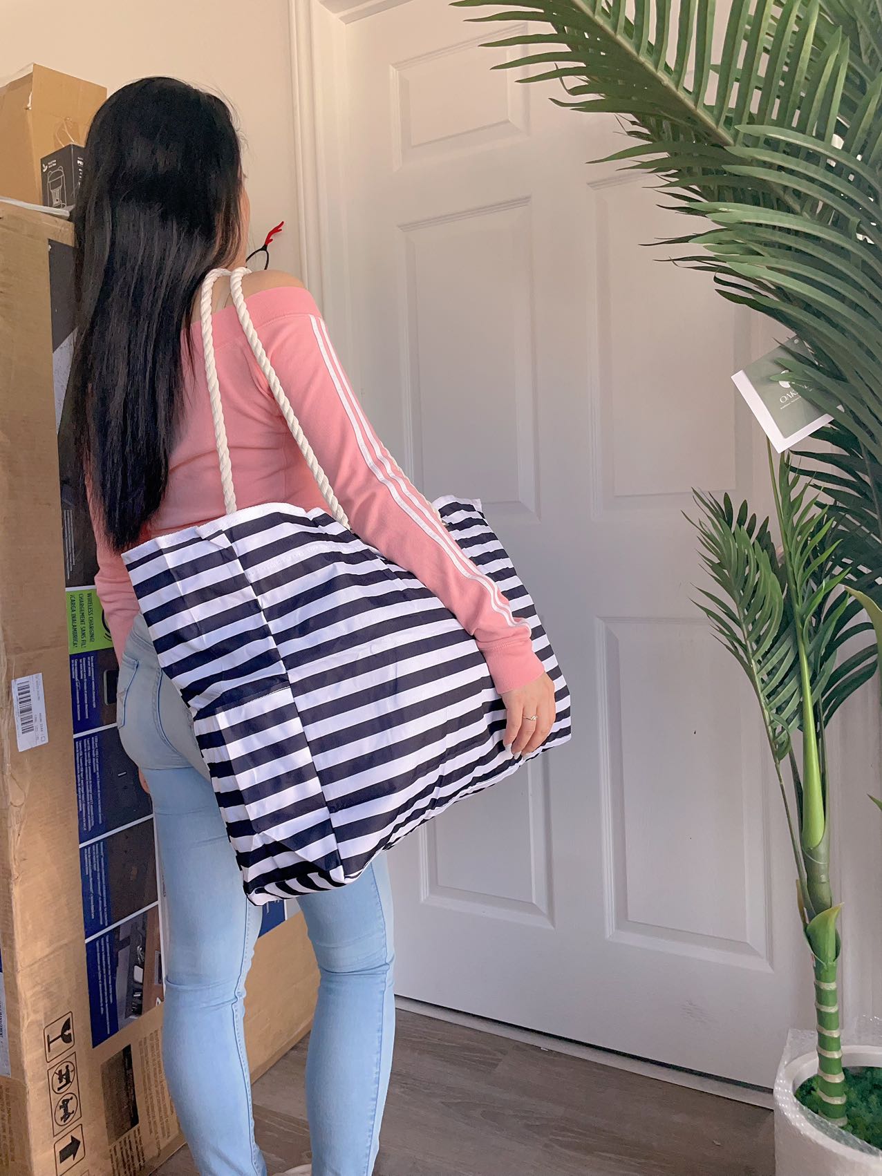 Woven handle Stripe beach bag Sandproof Swim Pool Bag Large Tote for Women