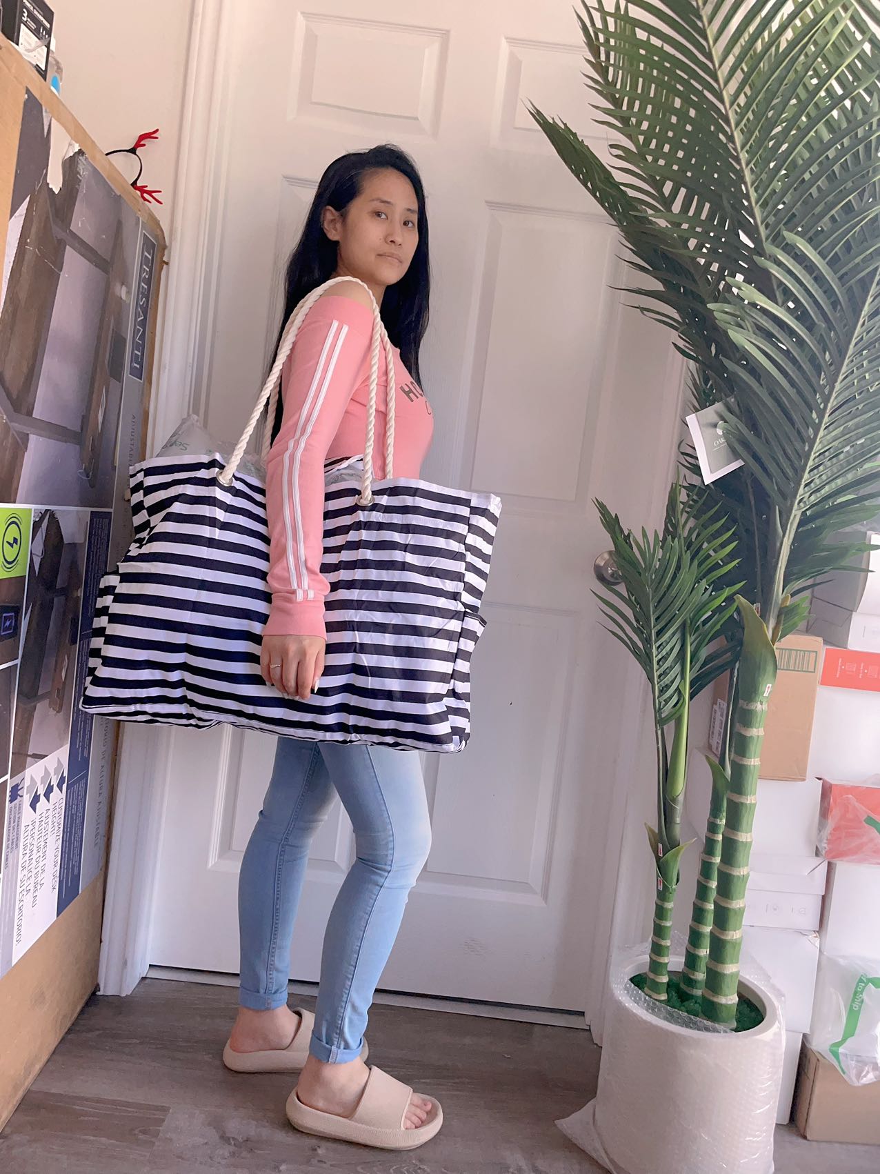 Woven handle Stripe beach bag Sandproof Swim Pool Bag Large Tote for Women