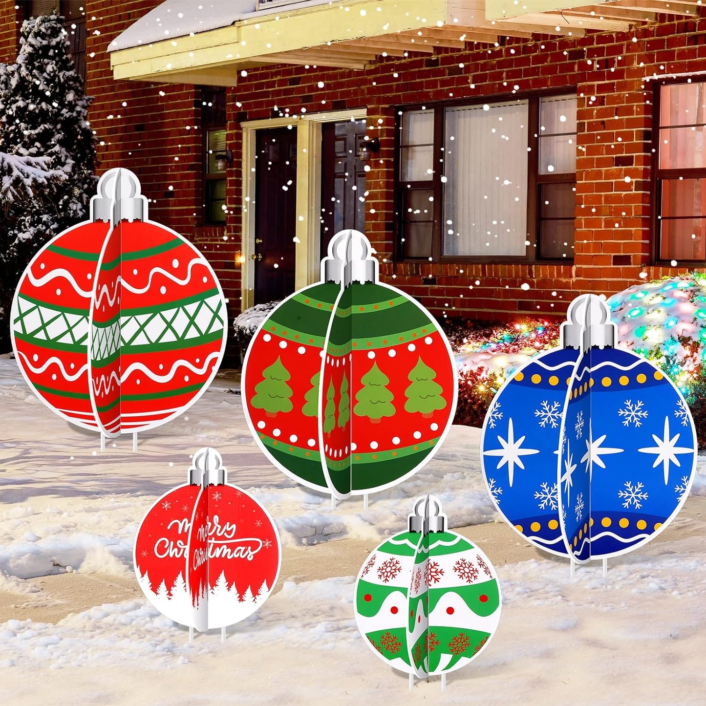 3D Christmas Ball Yard Sign Xmas Tree Lawn Sign with Stakes Christmas Snowflakes Garden Patio Sign