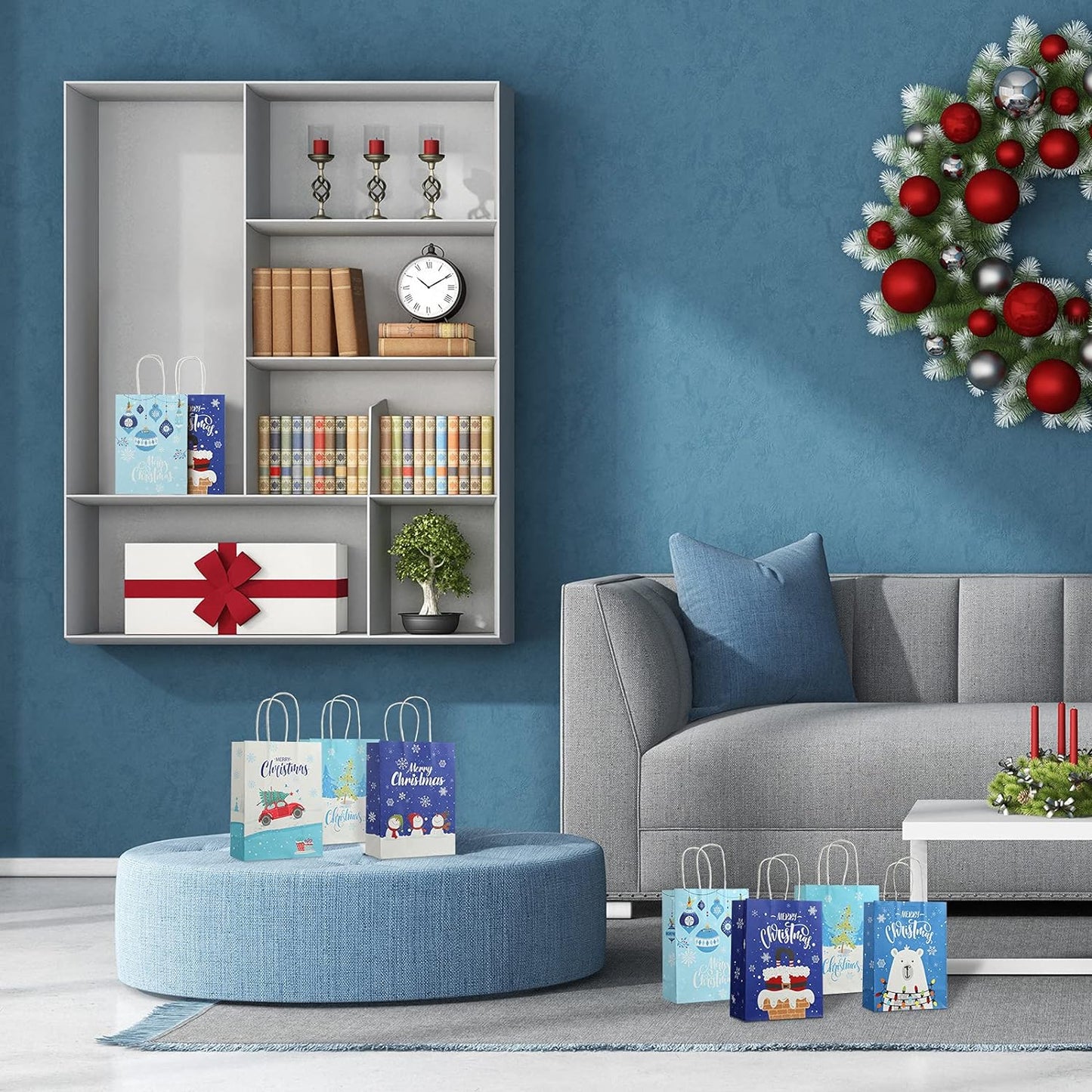 24 Pieces Christmas Gift Bags with Handles Snowman Snowflake Christmas Tree Goody Treat Paper Bags