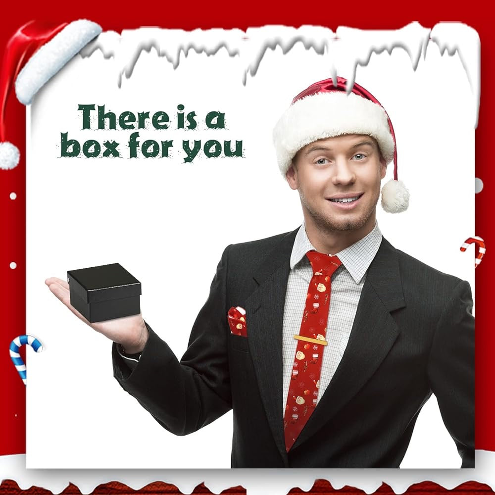 Men Christmas Ties Neckties Pocket Square Xmas Necktie with Clip Handkerchief Gift Box Collection Tuxedo Holiday Necktie Handkerchief Sets for Party