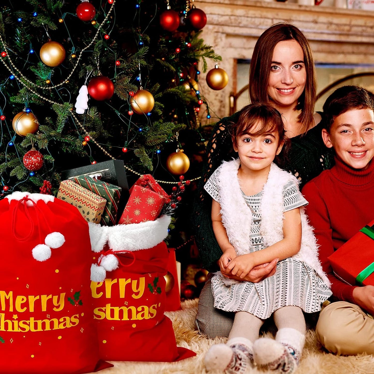 2 Pcs Christmas Red Velvet Santa Claus Bags with Cord Drawstring Extra Large Red Velvet Santa's