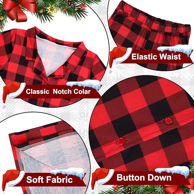 Kids Matching Christmas Pajamas Sets Buffalo Plaid Family Pajamas Long Sleeve Button Plaid Loungewear Jammies