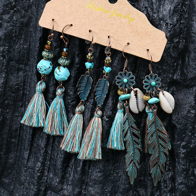 TTE03 Teal Tribal Style Boho Earrings