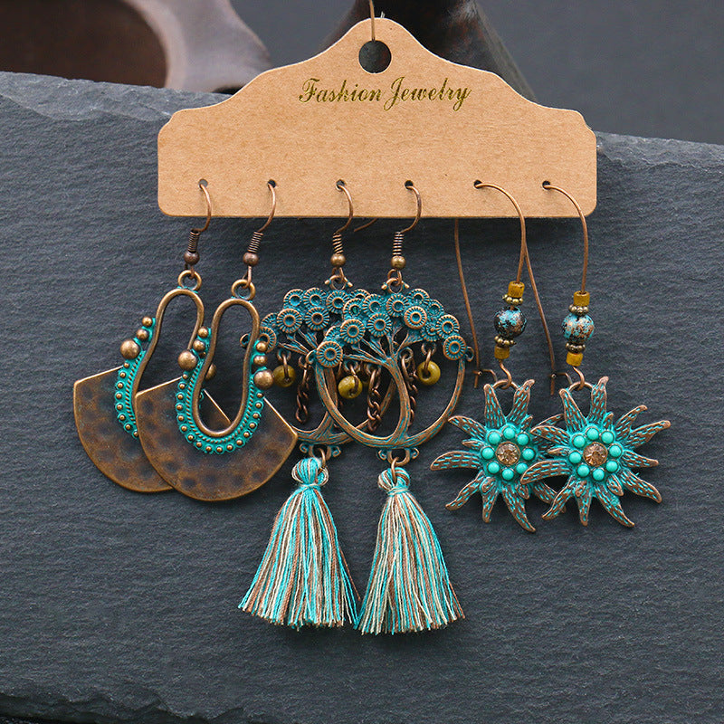 Teal Vintage Boho Drop Dangle Earrings 3 Pairs Set BE03