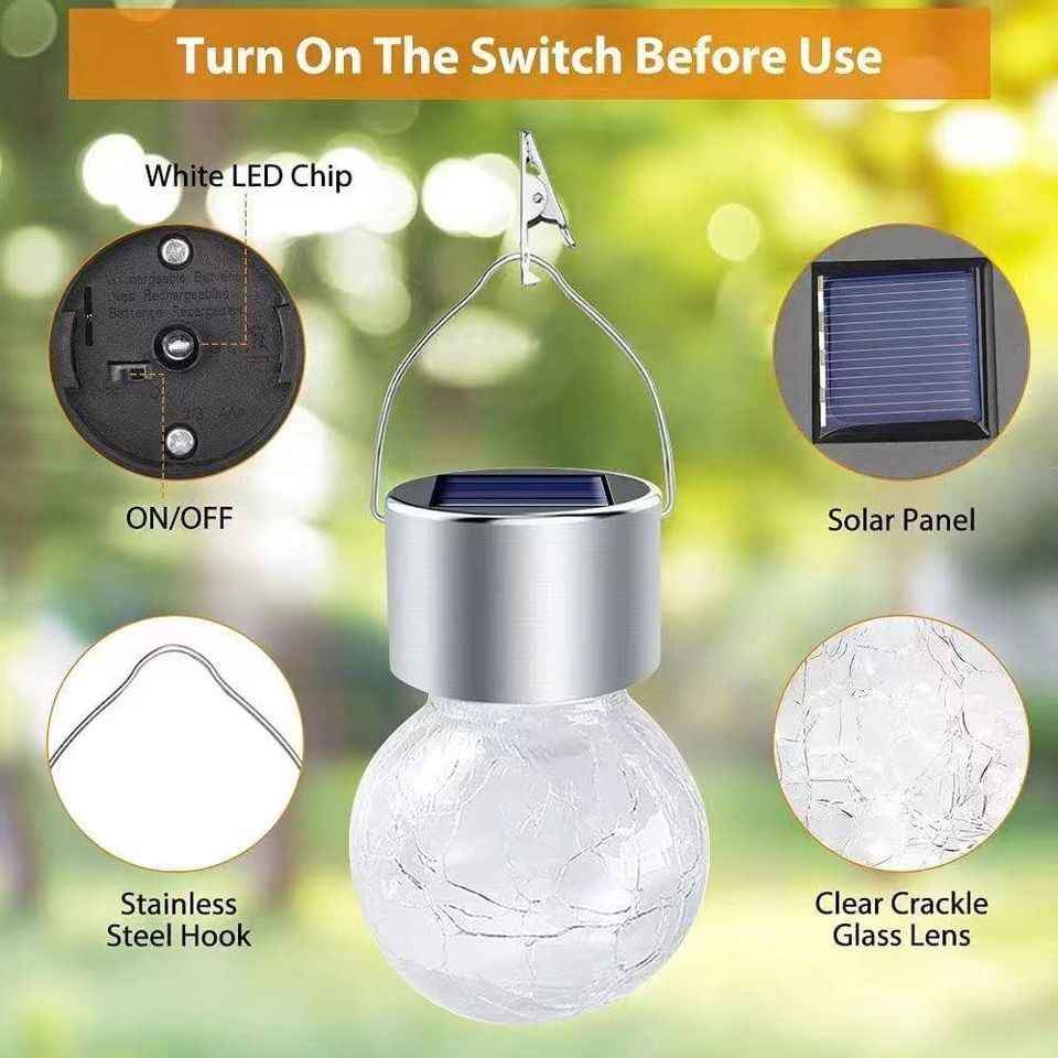 12 Pack LED Globe Solar Lights Crackle Glass Design (Daylight White)
