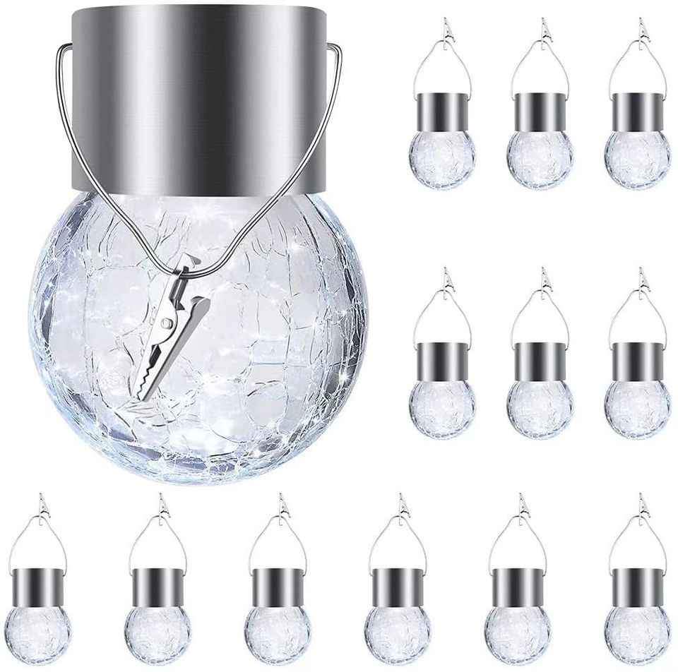 12 Pack LED Globe Solar Lights Crackle Glass Design (Daylight White)