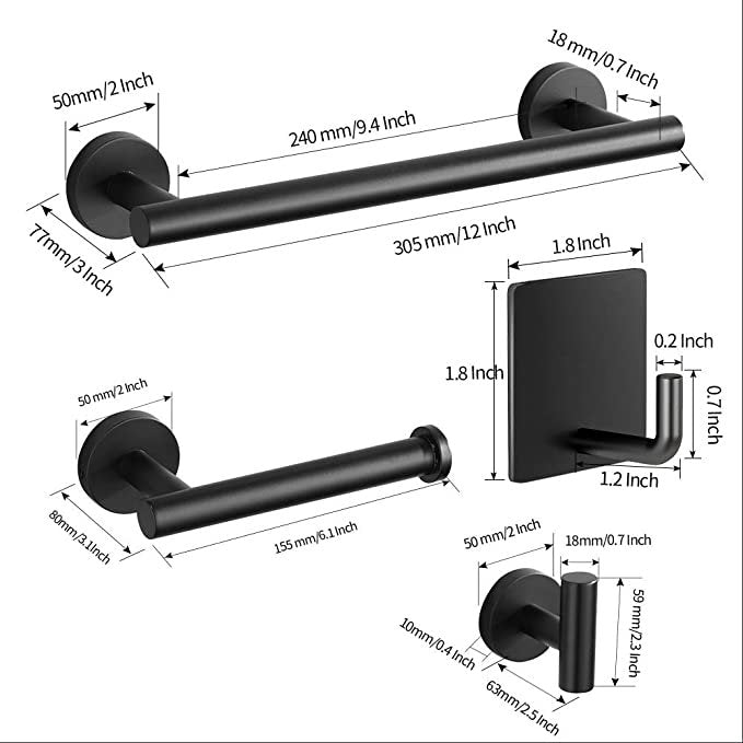 Bathroom Towel Bar, Toilet Paper Holder, Accessory Set Towel Hooks Set Matte Black SUS304