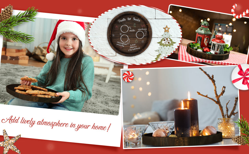 Christmas Wood Round Tray Table Decorative Serving with Handles