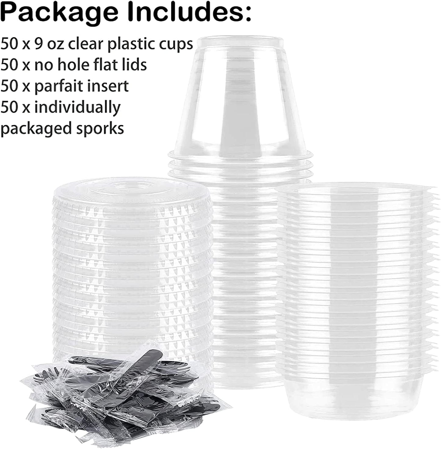 50 Pack 9 oz Plastic Clear Dessert Cups with Dome Lids No Hole Disposable Snack Bowls
