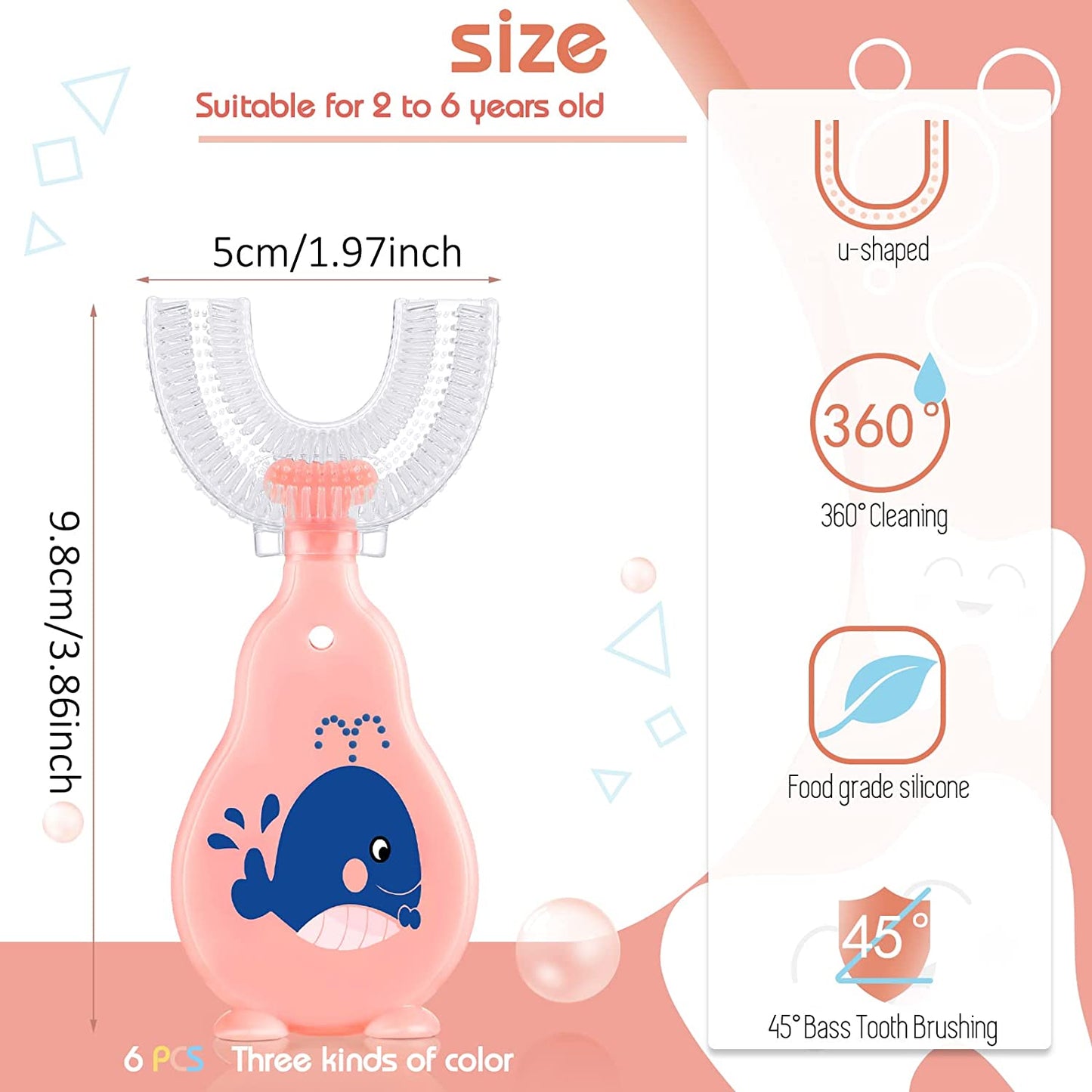 6 Packs Kids U Shaped Toothbrush 360 Degrees Toddler Toothbrush Manual Training Tooth Brush Soft Silicone Brush Head