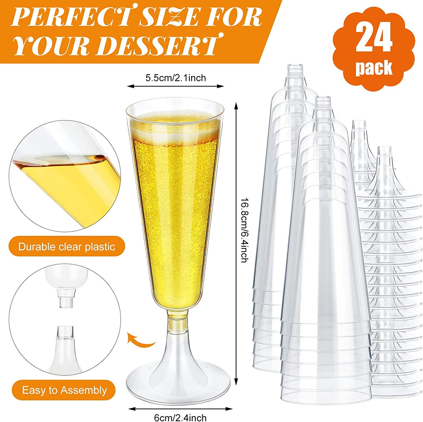 24 Pieces Plastic Champagne Flutes 5 oz Champagne Glasses Clear Plastic Wine Glasses Party Supplies