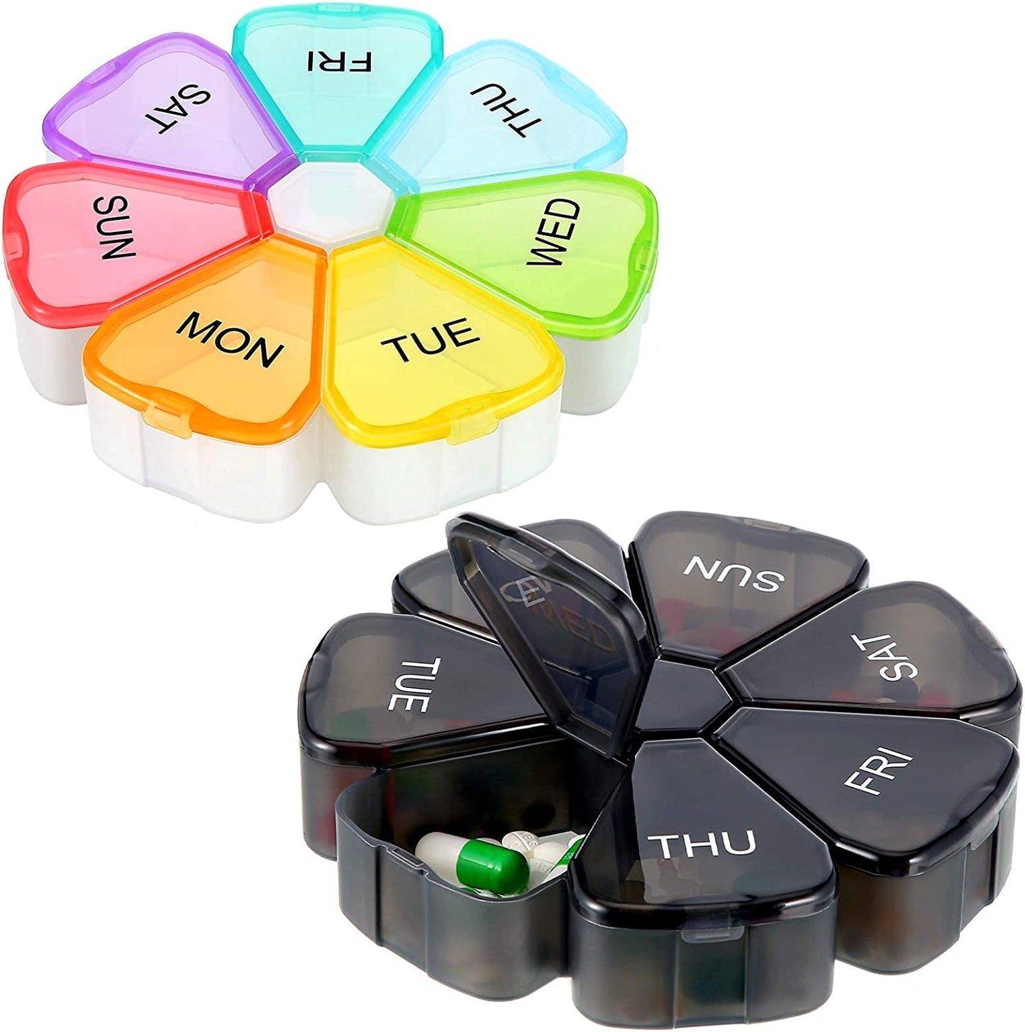 2 Pieces Large Weekly Pill Organizer 7 Day Portable Pill Box Case Medicine Organizer Flower Pill Container