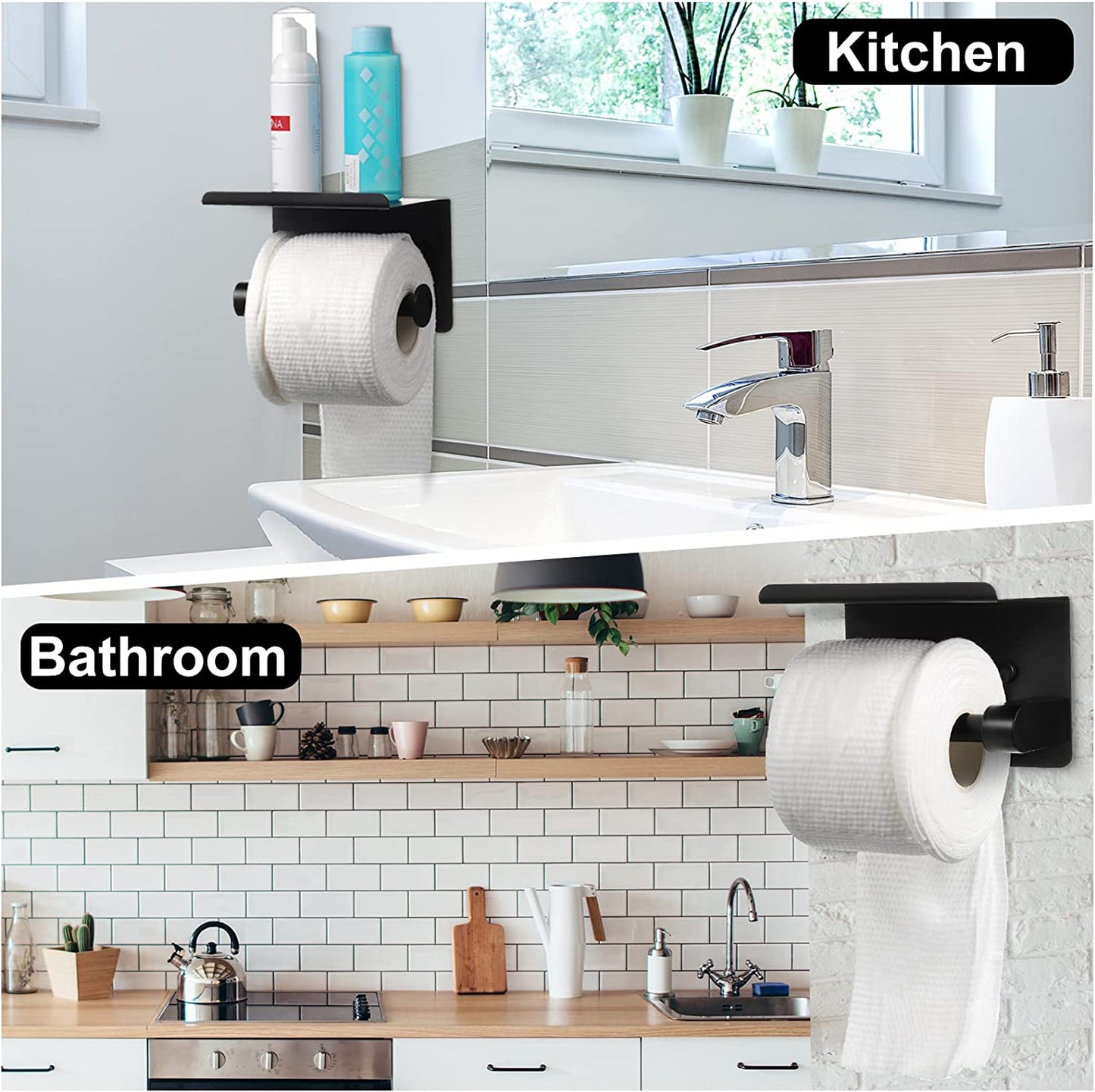 Toilet Paper Holder with 4 Towel Robe Hooks Stainless Steel Wall Mounted Roll Storage for Bathroom