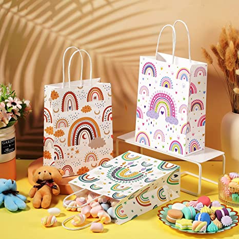 16 Pieces Boho Rainbow Gift Bags with Handles Boho Party Supplies