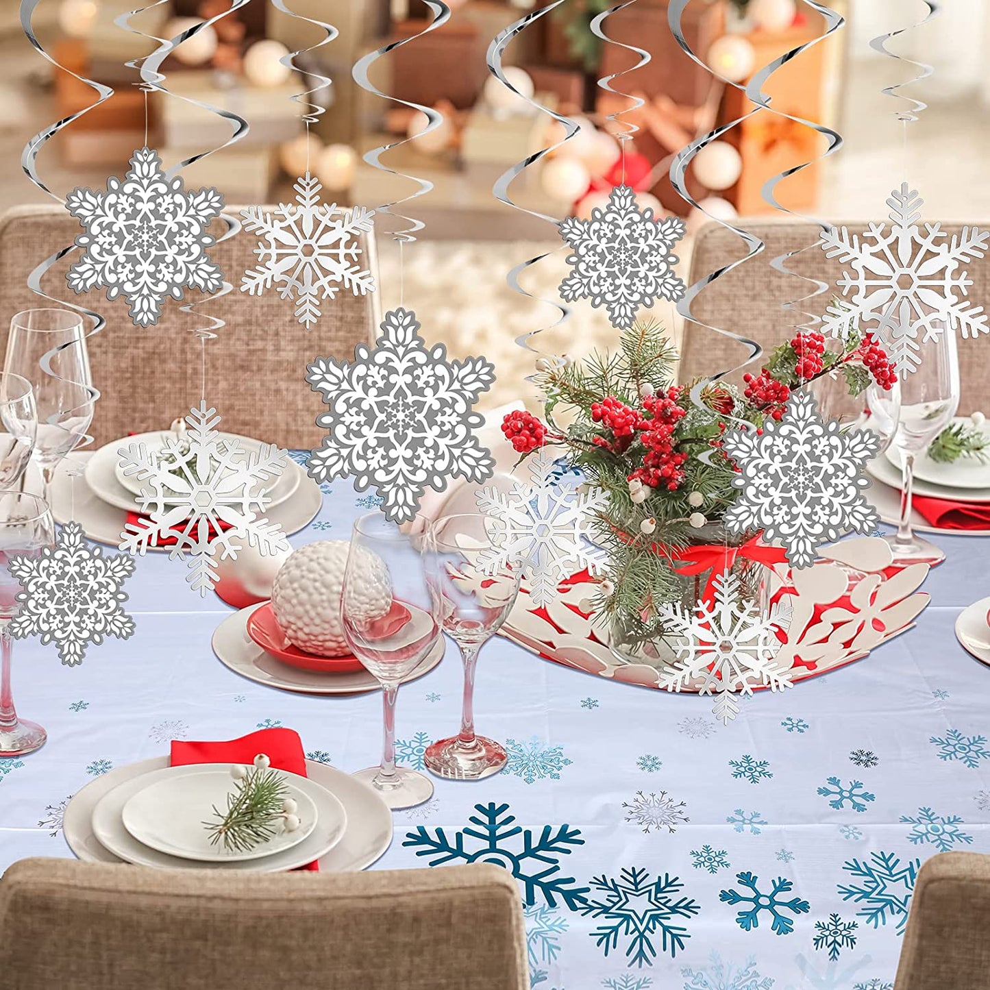 Frozen Birthday Party Supplies Frozen Balloons Snowflake Tablecloth Snowflake Hanging Swirl Decorations for Frozen Party