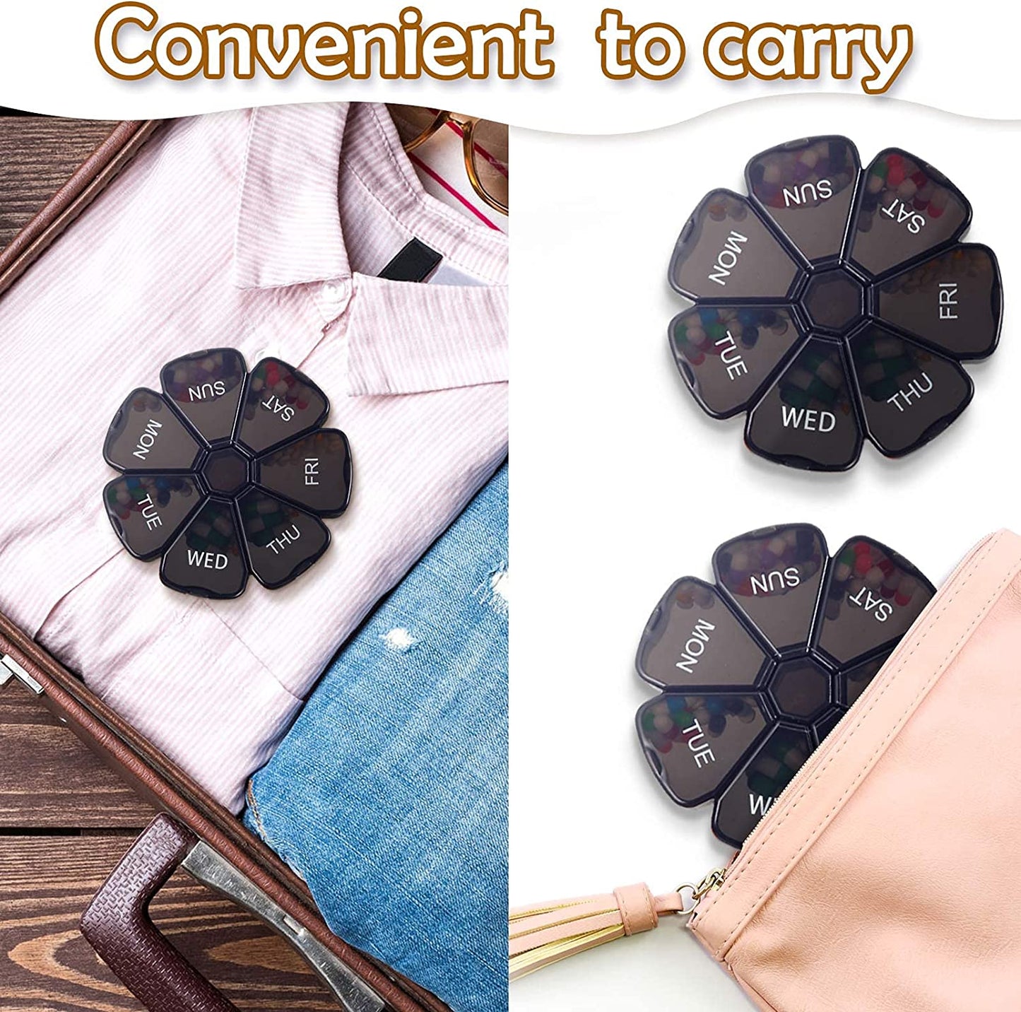 2 Pieces Large Weekly Pill Organizer 7 Day Portable Pill Box Case Medicine Organizer Flower Pill Container