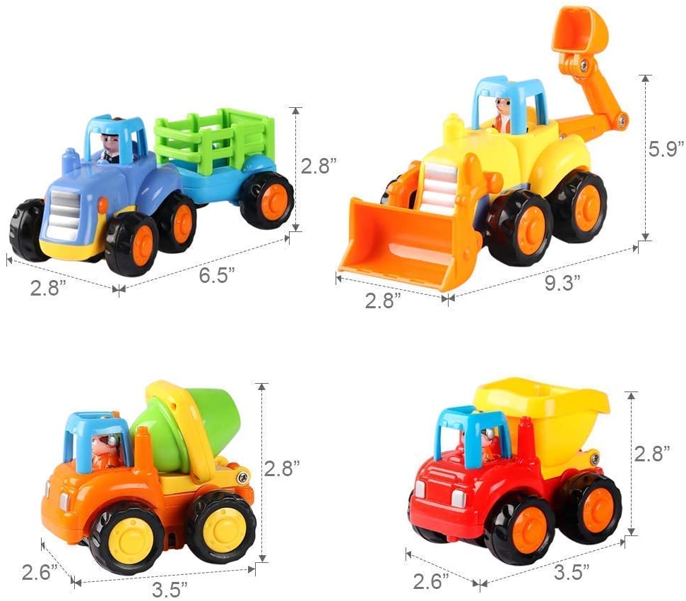 4 Pack Friction Powered Cars Construction Vehicles Toy Set Cartoon Push and Go Car Tractor, Bulldozer, Cement Mixer Truck, Dumper