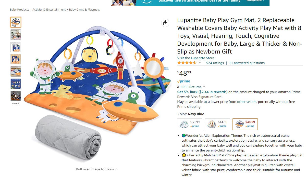 Baby Play Gym Mat, 2 Replaceable Washable Covers Baby Activity Play Mat with 8 Toys, Visual, Hearing, Touch, Cognitive Development for Baby