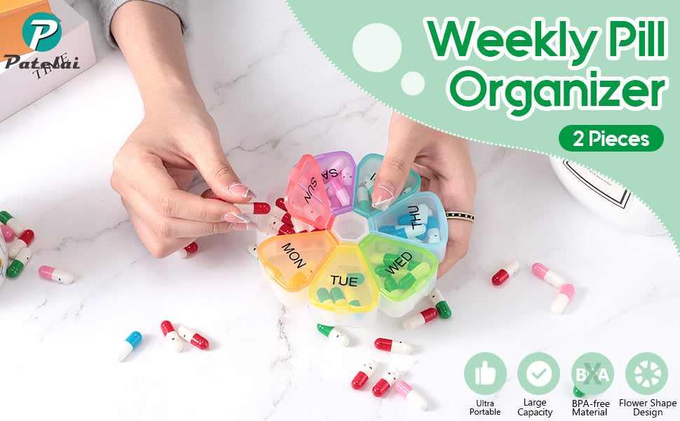 2 Pieces Large Weekly Pill Organizer 7 Day Portable Pill Box Case Medicine Organizer Flower Pill Container
