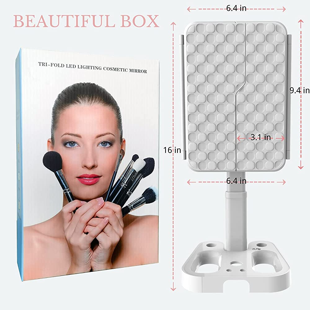 Tri-Fold Makeup Cosmetic Vanity Mirror with LED Light 3 Color Lighting Modes