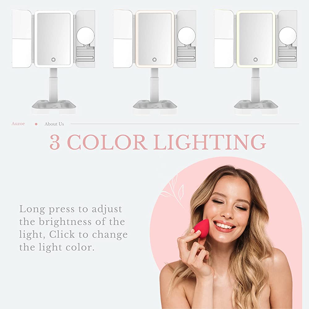 Tri-Fold Makeup Cosmetic Vanity Mirror with LED Light 3 Color Lighting Modes