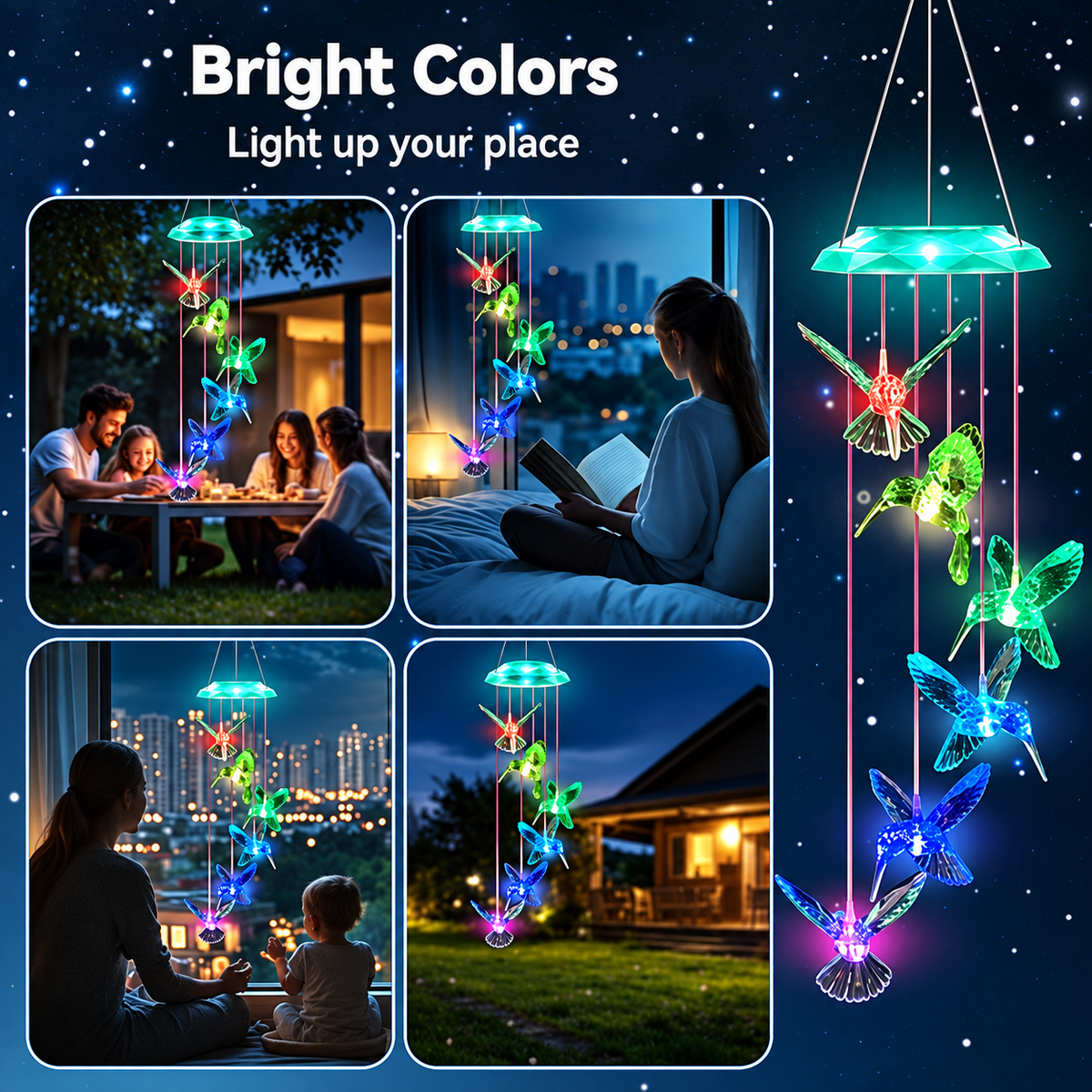 Wind Chimes,Hummingbird Solar Wind Chimes for Outside, Memorial Wind Bell for Garden/Patio Mobile Decorative Thanksgiving Gifts for Mom, Wife, Grandma Neighbors(Green 28")