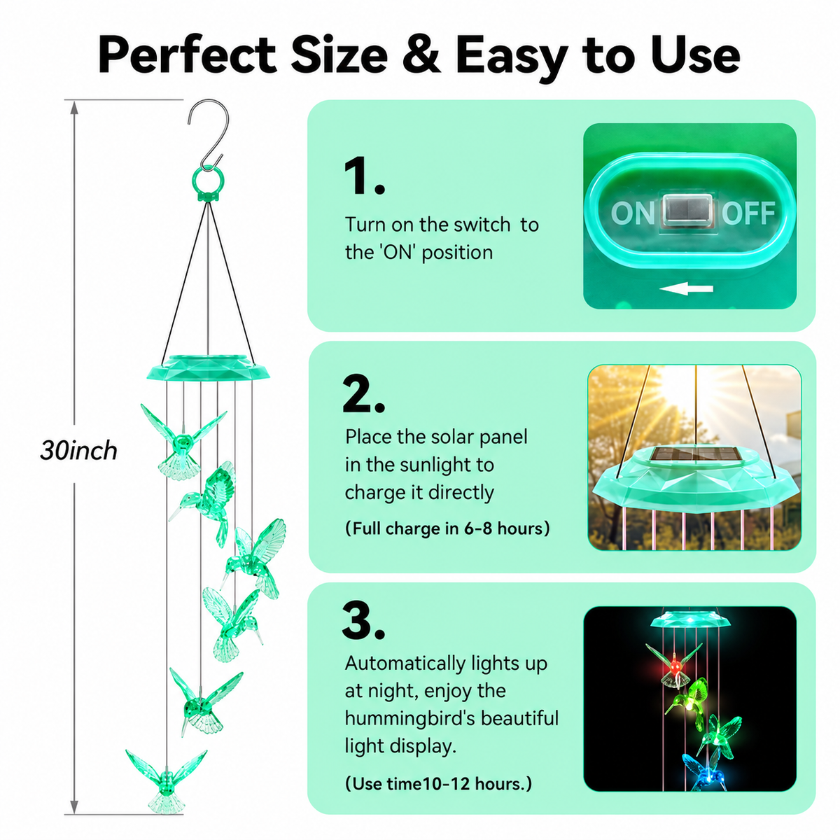Wind Chimes,Hummingbird Solar Wind Chimes for Outside, Memorial Wind Bell for Garden/Patio Mobile Decorative Thanksgiving Gifts for Mom, Wife, Grandma Neighbors(Green 28")
