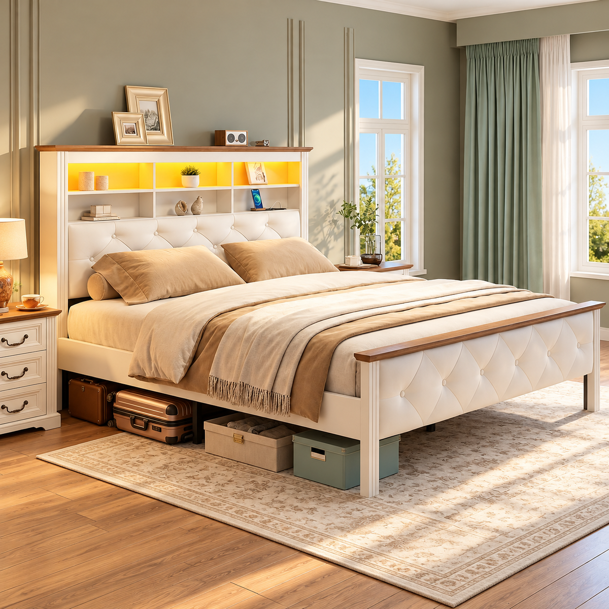 Farmhouse Queen Bed Frame with 51" (87"L ) Tall Headboard, Upholstered Queen Size Bed Frame with Storage, Charging Station and LED Light, Heavy Duty Wooden Slats, No Box Spring Needed，White and Walnut