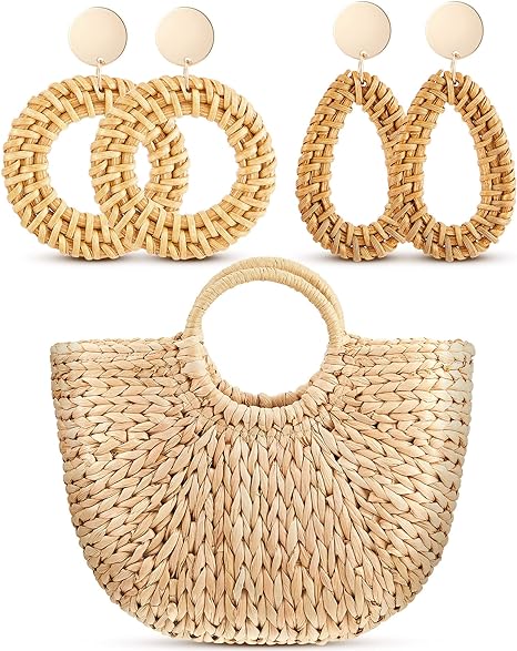 Summer Beach Bag Straw Tote Bag, 2 Pair Rattan Earrings Woven Bohemian Earrings Straw Rattan Tote Handbag