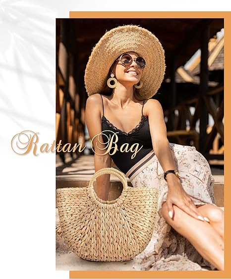 Summer Beach Bag Straw Tote Bag, 2 Pair Rattan Earrings Woven Bohemian Earrings Straw Rattan Tote Handbag