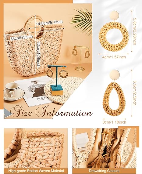 Summer Beach Bag Straw Tote Bag, 2 Pair Rattan Earrings Woven Bohemian Earrings Straw Rattan Tote Handbag