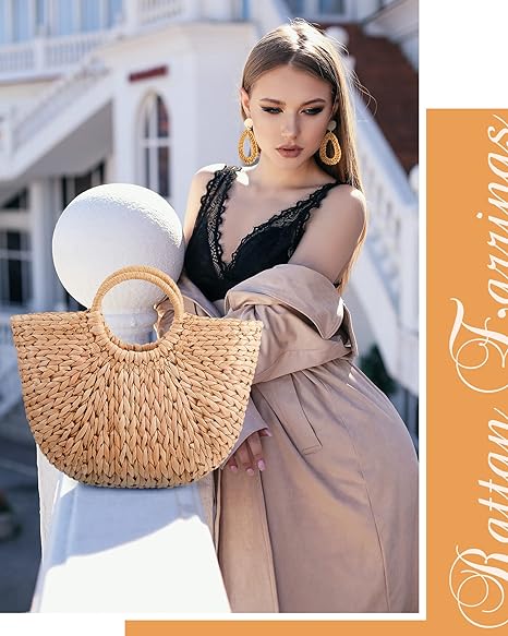 Summer Beach Bag Straw Tote Bag, 2 Pair Rattan Earrings Woven Bohemian Earrings Straw Rattan Tote Handbag