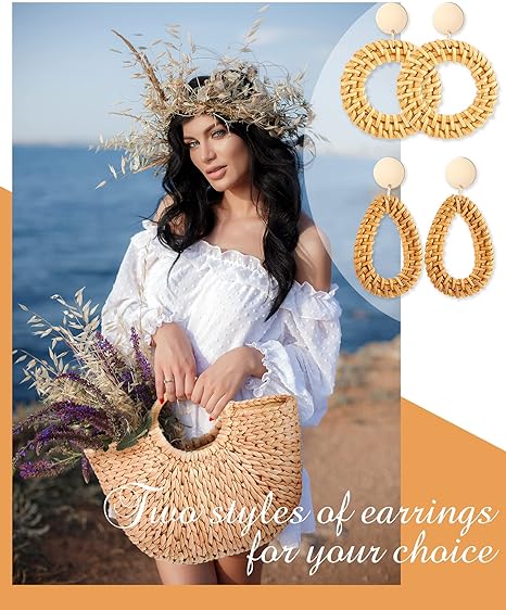 Summer Beach Bag Straw Tote Bag, 2 Pair Rattan Earrings Woven Bohemian Earrings Straw Rattan Tote Handbag