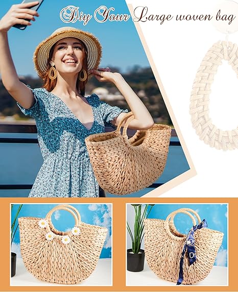 Summer Beach Bag Straw Tote Bag, 2 Pair Rattan Earrings Woven Bohemian Earrings Straw Rattan Tote Handbag