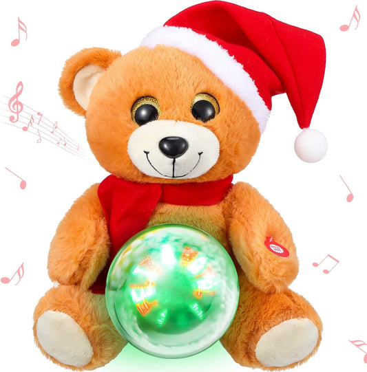 10'' Christmas Bear Stuffed Animals Plush, LED Light Glow Musical Singing Bear Cute Plush Toys with Snow Globe