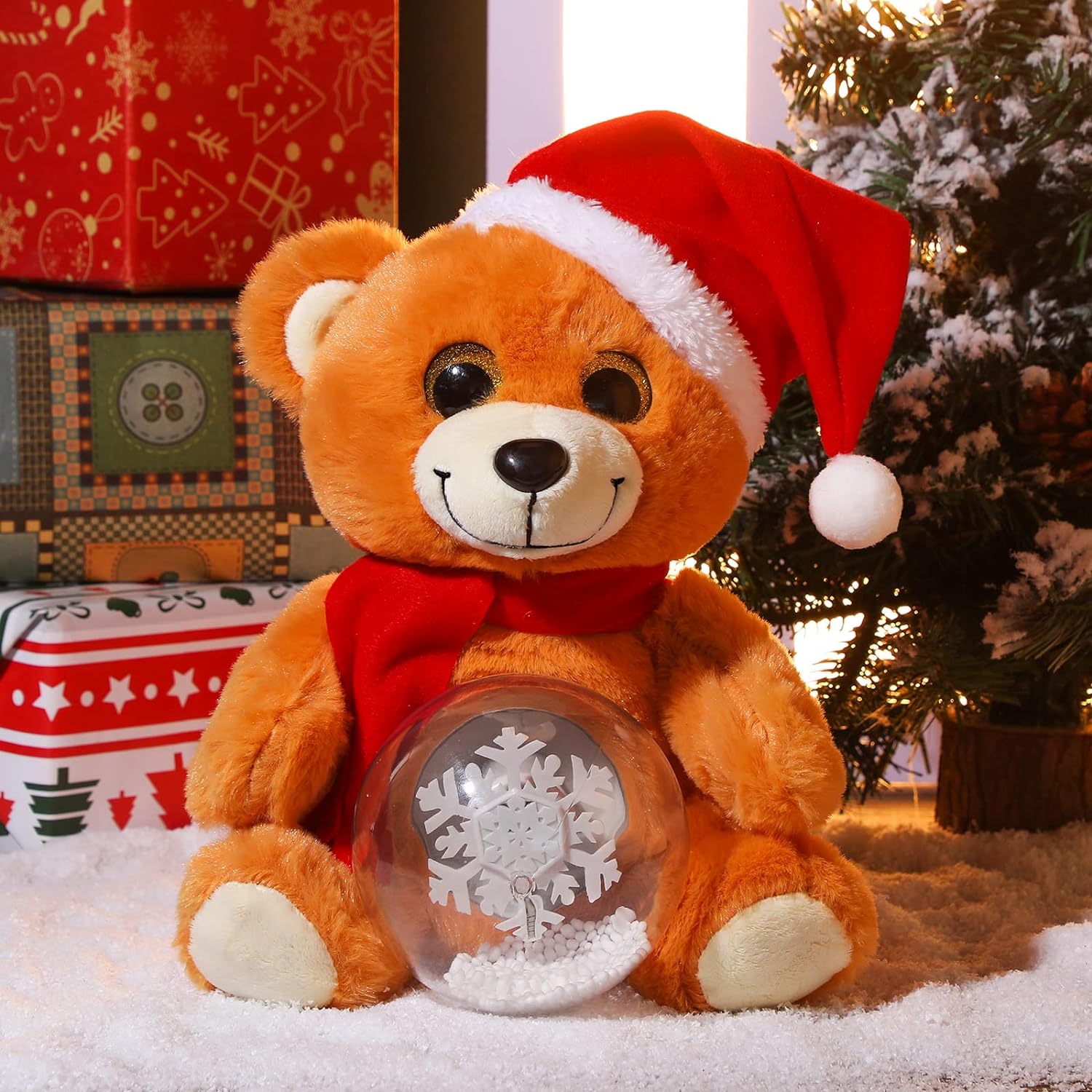 10'' Christmas Bear Stuffed Animals Plush, LED Light Glow Musical Singing Bear Cute Plush Toys with Snow Globe