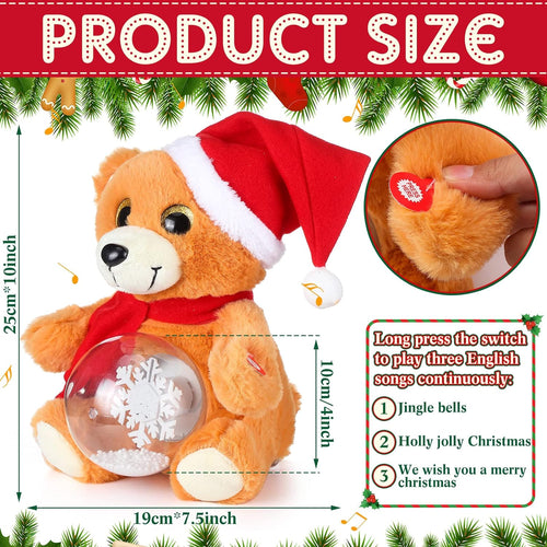 10'' Christmas Bear Stuffed Animals Plush, LED Light Glow Musical Singing Bear Cute Plush Toys with Snow Globe