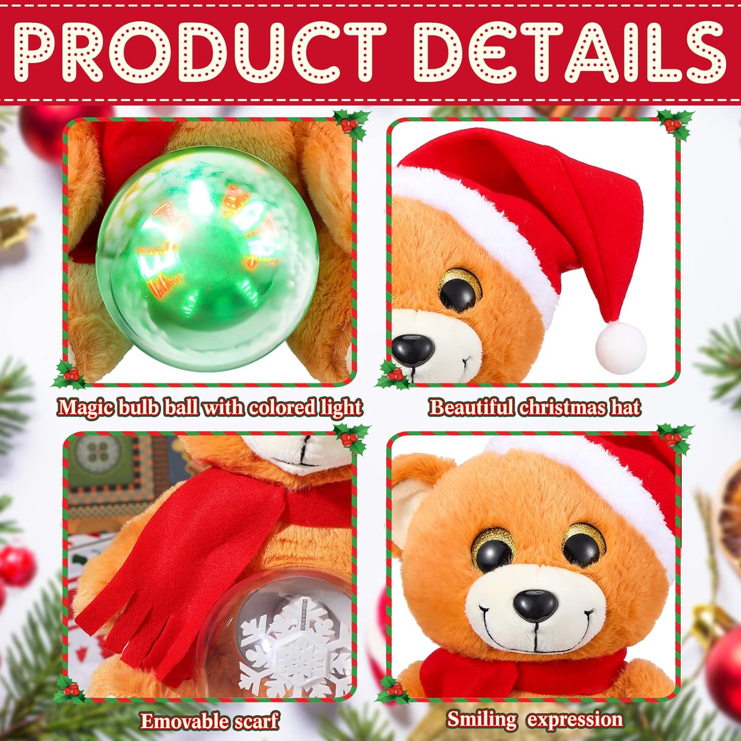 10'' Christmas Bear Stuffed Animals Plush, LED Light Glow Musical Singing Bear Cute Plush Toys with Snow Globe