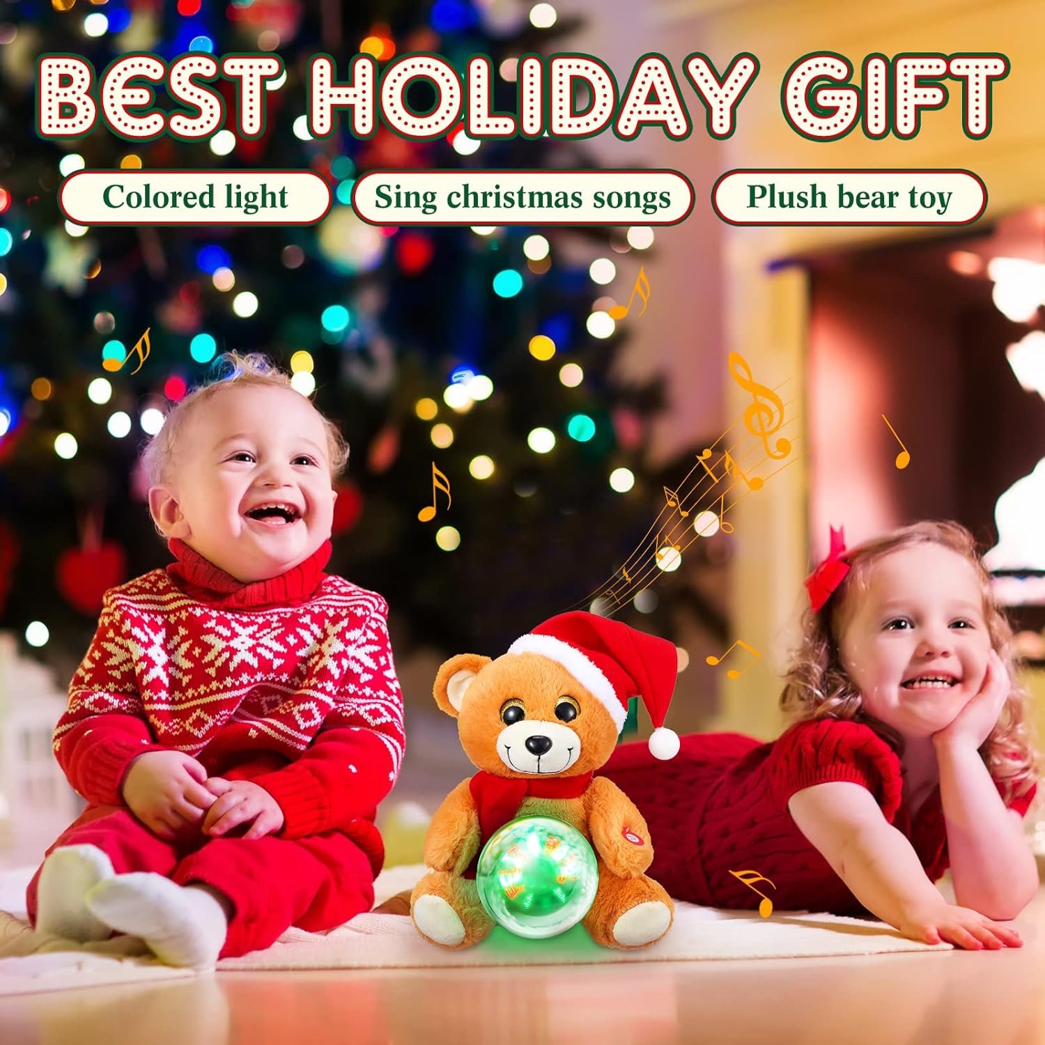 10'' Christmas Bear Stuffed Animals Plush, LED Light Glow Musical Singing Bear Cute Plush Toys with Snow Globe