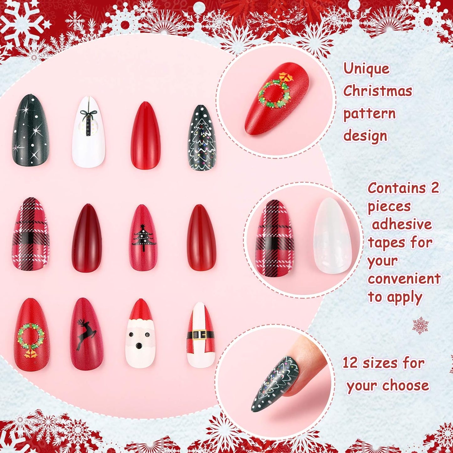 144 Pieces Christmas Press on Nails Fake Fingernails Artificial Full Cover Nails Santa Claus