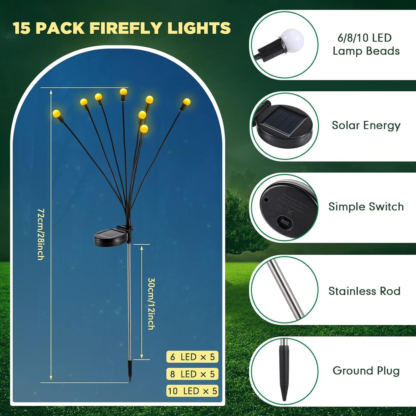 15 Pack Fireflies Solar Swaying Outdoor Lights Waterproof Garden Decoration Solar Lights Landscape Lighting