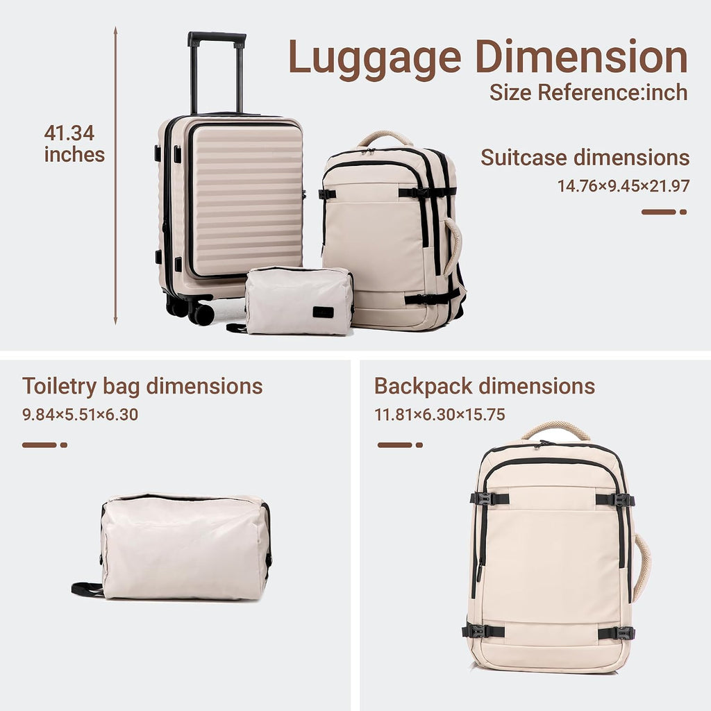 3-Piece Carry-On Beige Luggage Set with 20-Inch Expandable Hardside Suitcase, Travel Backpack & Toiletry Bag – Front Opening, TSA Lock & 360° Spinner Wheels
