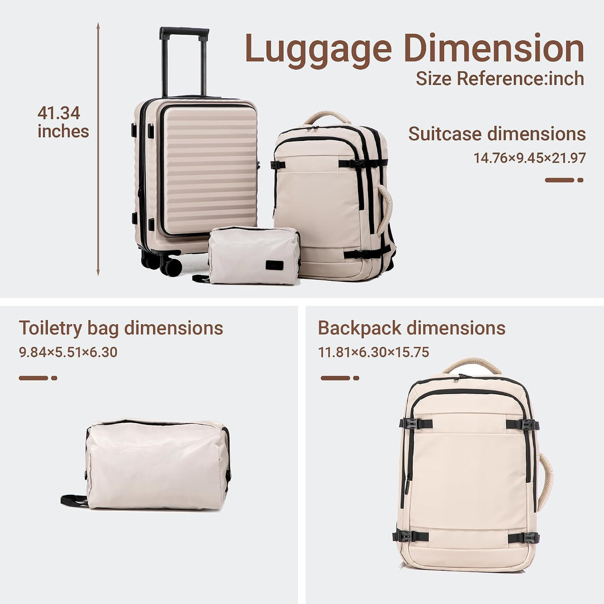 3-Piece Carry-On Beige Luggage Set with 20-Inch Expandable Hardside Suitcase, Travel Backpack & Toiletry Bag – Front Opening, TSA Lock & 360° Spinner Wheels