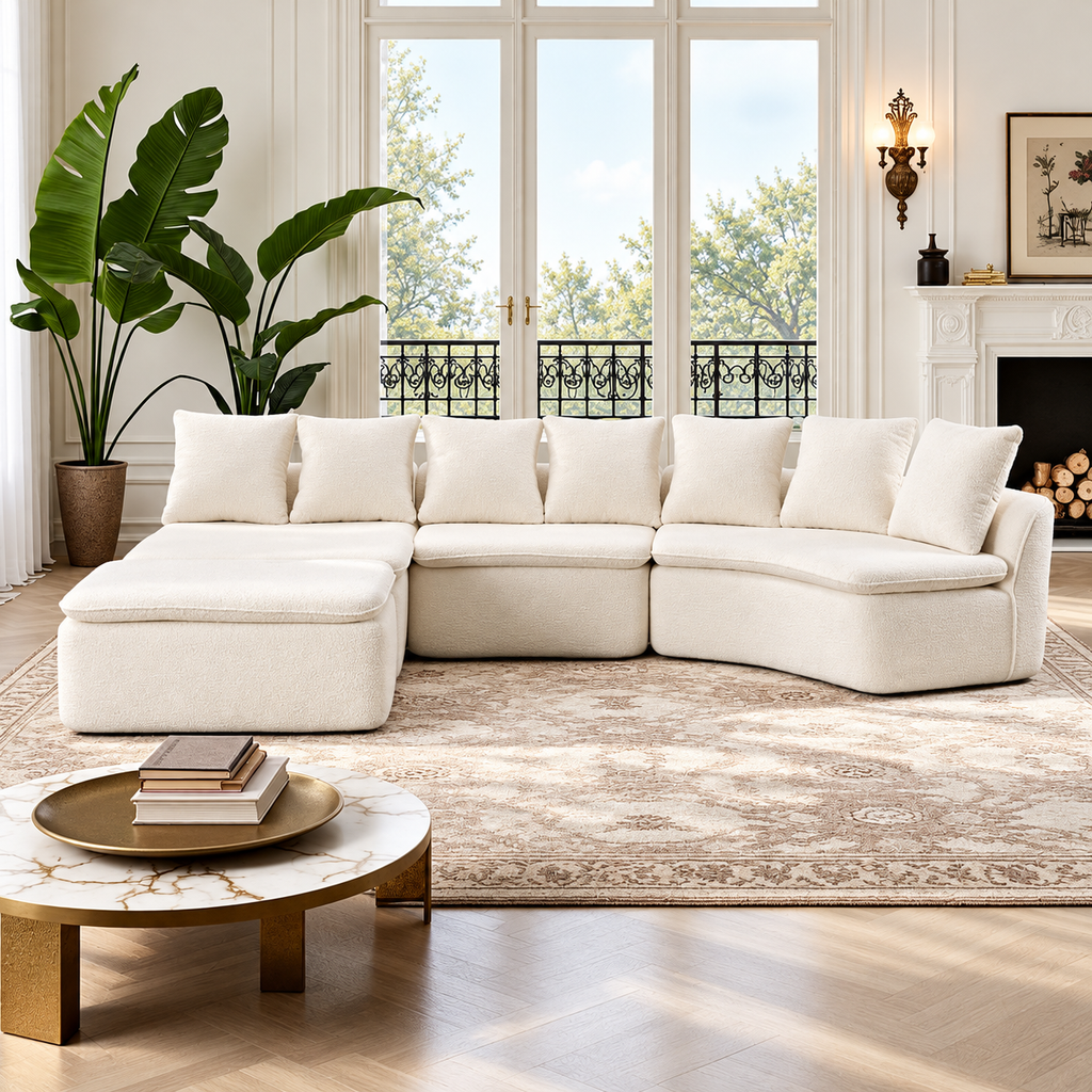 Luxury 133.86" Modular U-Shaped Sectional Sofa with Ottoman – Milk White Chenille Upholstery, Deep Cushions & Flexible Seating Design