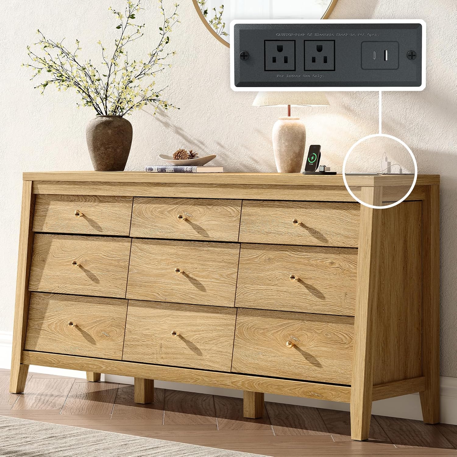 Wooden dresser with six drawers in a room setting, featuring a power outlet.