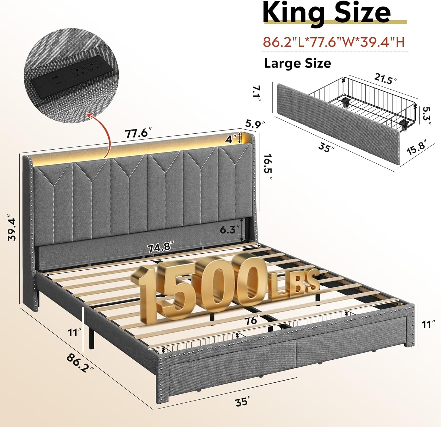 King Size Upholstered Bed Frame with 2 Drawers